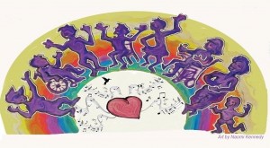 Art of 8 people dancing in front of a rainbow, three seated and five standing; below is a heart, humminbird and music notes