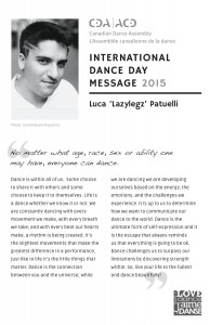 Image of the International Dance Day Message, with a photo of it's author's face and shoulders.