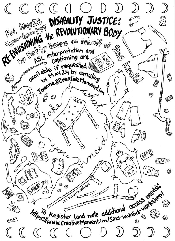 Colouring page version of poster by SeaWolfRise with drawings of a multitude of access tools and supports. Same image description as the poster above, except this version has black line drawings on a white background.